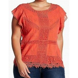 Democracy Orange Crochet Embroidered Lace Top 2X